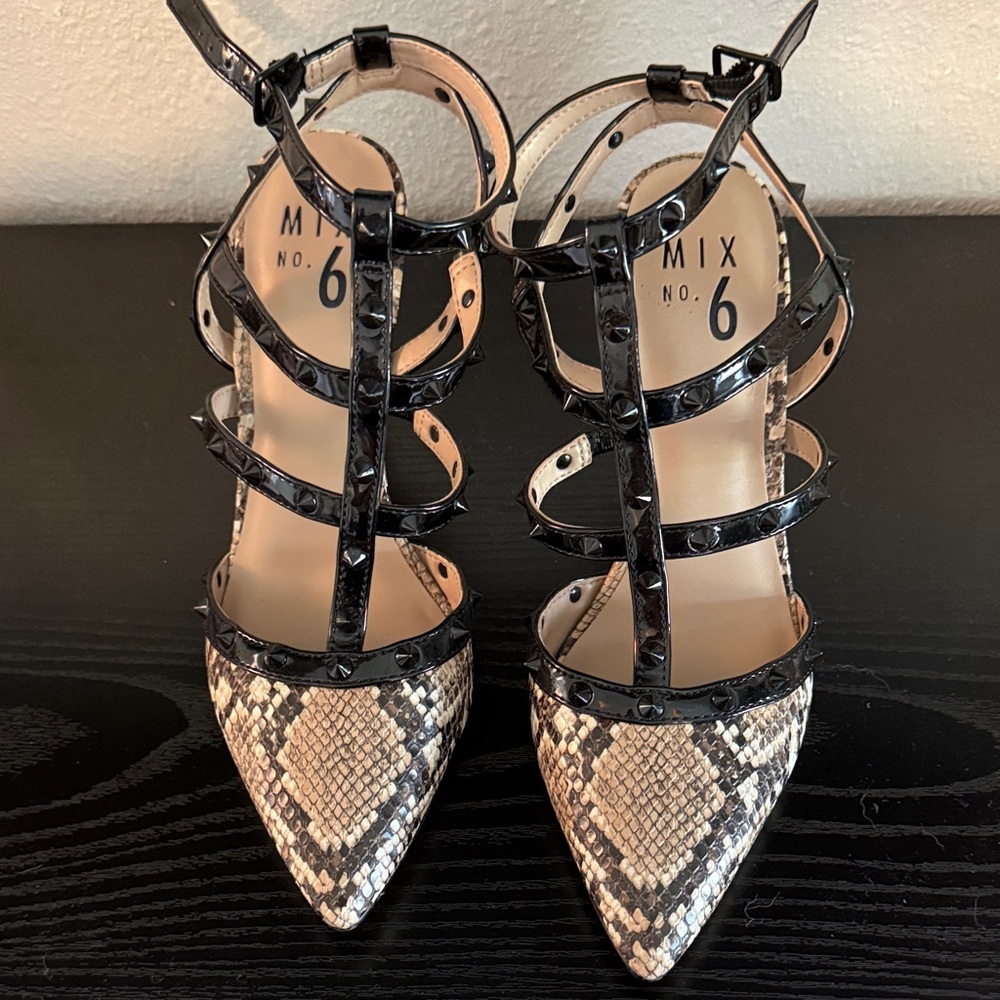 Mix No. 6 Black and Cream Snakeskin Heels